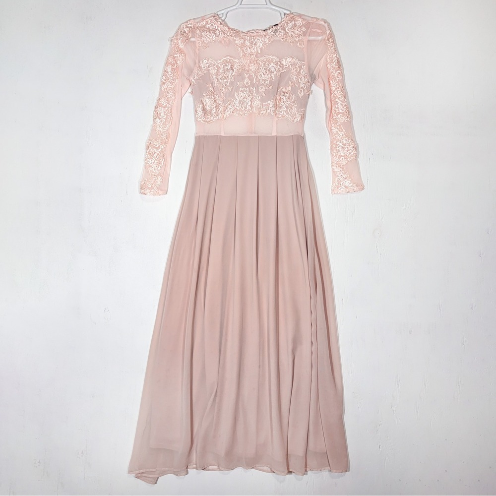 AX Paris Blush Pink Lace Mesh Long Sleeve Maxi Dress Womens 12 Sheer Romantic